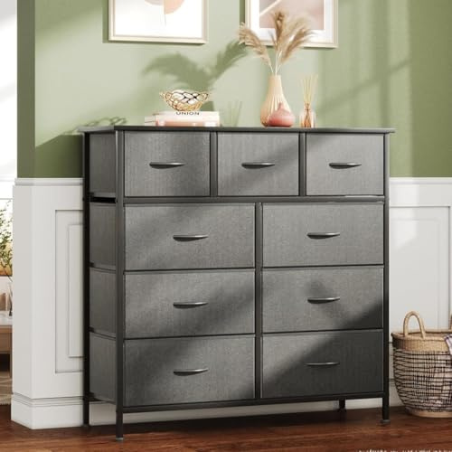 CAIYUN Kommode, Schrank, Aufbewahrungsschrank, 9 Schubladen aus Stoff mit Griffen, Metallrahmen, industrieller Stil, Schwarz