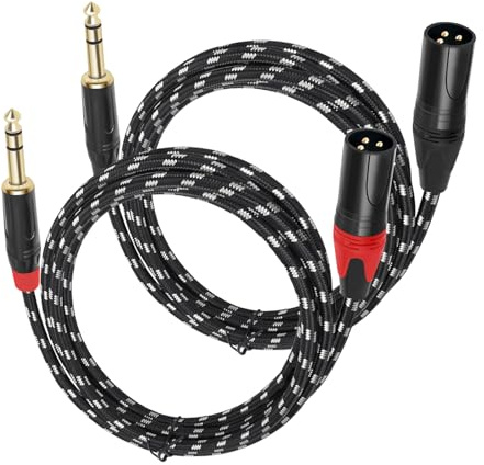 Jozzai XLR Male to 1/4 (6.35mm) TRS Mono Jack Microphone Cable, 6.6 FT, 2 Pack, Black and White Grid Protective Layer, Balanced 3 Pin to Quarter inch TRS Plug, Pure Copper and Plated Conductors