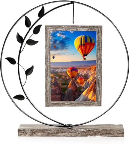 LUPATDY Bilderrahmen 10x15,Holz Doppelglas Fotorahmen,Bilderrahmen Schwarz mit Metallkreise und Blätter für 2 Fotos,360° Drehbarer Fotorahmen Festival Geschenke für Familie, Freunde