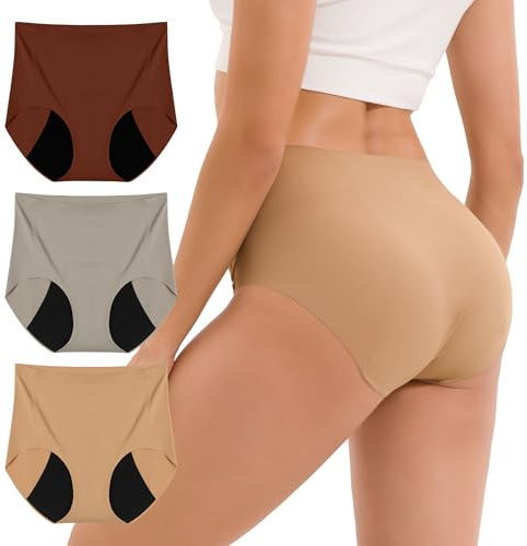 INNERSY Women's Period Underwear Seamless Lightweight Invisible Menstrual Panties 3-Pack(Large, Khaki Noir)