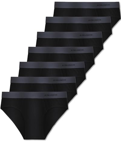 FM London 7-pack Essentials Mens Briefs - Tagless, Cotton Rich, Modern Mens Underpants with Anti-roll elasticated Waistband, Black, L
