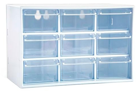 Tradineur - Organizador multiusos de plástico, 9 cajones, clasificador apilable, tornillos, tuercas, botones, piezas pequeñas, bricolaje, fabricado en España (Blanco - 18,5 x 10 x 12 cm)