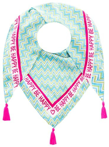 Zwillingsherz Dreieckstuch mit Quasten, Türkis-Blau Zickzack-Muster, Be Happy Schriftzug, Pink Akzente