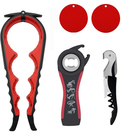 Jar Opener Set - 5-Pack Multi-Purpose Can Openers, Kitchen Tools for Hand Weakness, Elderly and Arthritis Patients - Open Lids, Pull Tabs and Corks + Non-Slip Silicone Pad Beer Bottle Opener (Red)
