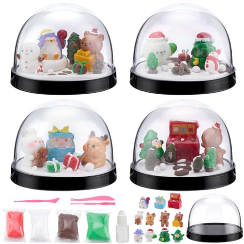WEBEEDY 4 Set Weihnachts Schneekugel Kit Mit 12 Stilen Mini Weihnachts Schneemann Tier Harz Skulptur Und 3 Farben Ton Erstellen Sie Ihre Eigenen Schneekugel Kunsthandwerke Für Die Dekoration Zu Hause