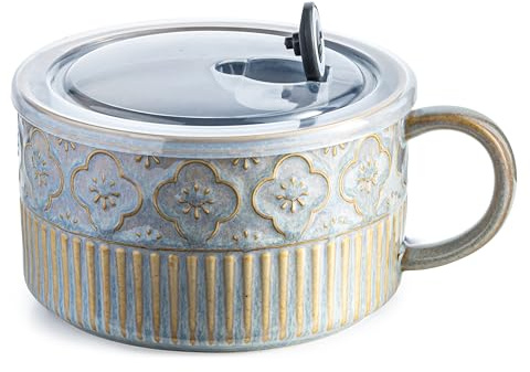 Gomakren Extra Large Soup Mug with Handle, 39 Ounces Microwave Ramen Bowl, Ceramic Bowl with Lid, 6 Inch Soup Cup for Cereal, Ramen, Instant Noodle, Gray
