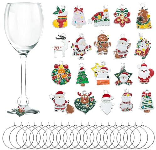 CNYMANY 30 pcs / 20 pcs Wine Glass Charms, Zinc Alloy Christmas Themed Goblet Drink Markers Tags with Buckle Design for Christmas Wine Cocktail Champagne Tasting Party Favors Supplies Gifts