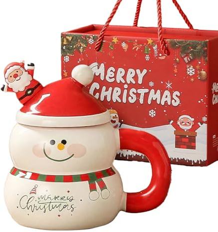 Vastsea Tazza Natalizia Ceramica Forma Di Pupazzo Cucchiaio e Coperchio, Tazza Natalizia, per Feste Invernali e Decorazioni Natalizie (Rosso)