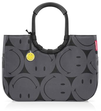 reisenthel loopshopper L smiley grey – Stabile Tasche mit praktischen Fächern aus recycelten PET-Flaschen – Charmantes und wasserabweisendes Design | Geräumiger Shopper mit 25 l Volumen, gepolsterten Griffen und herausnehmbarer Innentasche