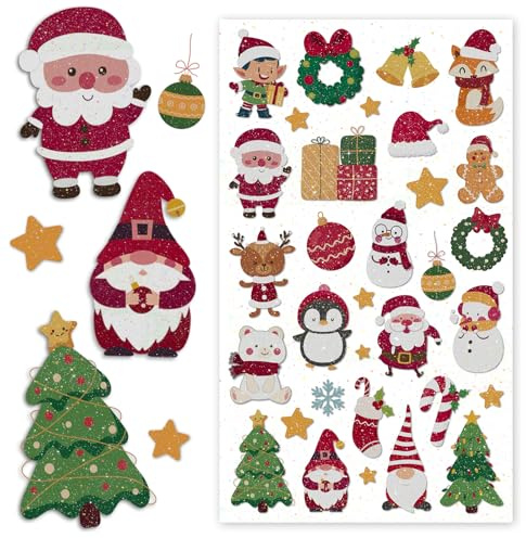 Aufkleber Weihnachten, 8 Stück Weihnachtssticker Sticker Weihnachten | Selbstklebend Geschenkaufkleber Bunter Cartoon, Weihnachtsaufkleber Glitzer für Karten Fotoalben Weihnachtsdeko