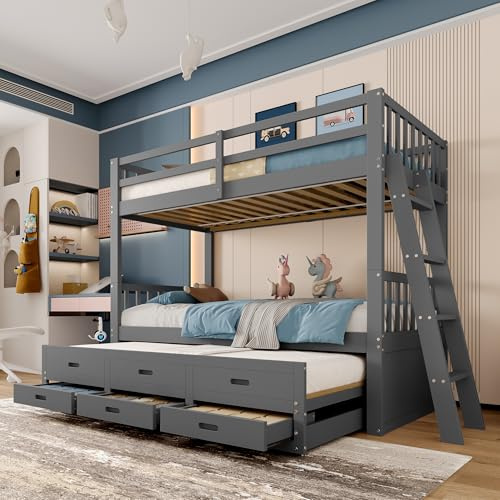 Litera con cama nido y 3 cajones, madera maciza de pino MDF, cama alta con escalera y barandilla, estructura de cama con espacio de almacenamiento, estable y duradera, diseño moderno