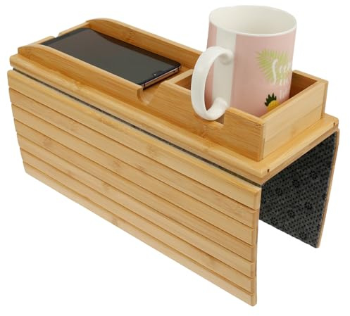 2 in 1 Sofa Arm Tray Bamboo Armrest Tray Detachable Couch Cup Holder Trays Folding Anti Slip Sofa Armrest Cup Holder for Storing Beverages Snacks Remote Control Phones