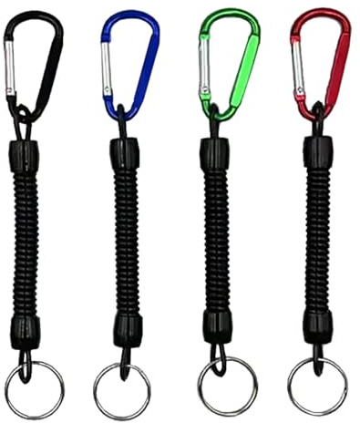 YFTRFR 4 Pezzi Cordino Spirale di Sicurezza, Corda da Pesca Robusta Tether Anti-Smarrimento Cordini Estensibili per Canottaggio Portachiavi Elastico con Moschettone per Pesca, Campeggio e Ciclismo