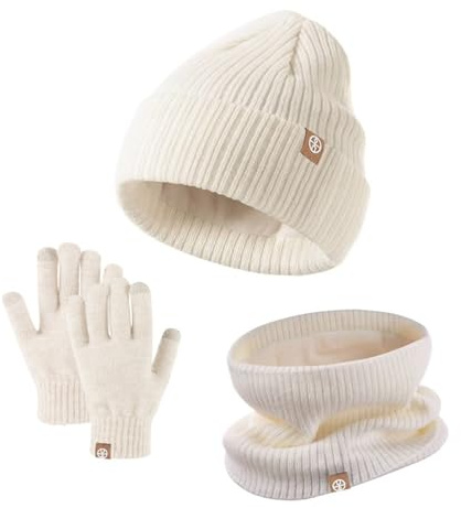 Generisch Ensemble bonnet d'hiver, gants, écharpe, pour fille et enfant, avec pompon, en tricot, cache-cou, guêtre, moufles doublées en polaire, beige, taille unique