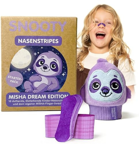 SNOOTY Kinder Nasenstripes MISHA (Faultier) – Sanfte Nasenpflaster für Kinder ab 4 Jahren, mit sanftem Duft, bio-zertifiziert & atemaktiv, Starter-Pack (10 Strips + Finger-Waschi)
