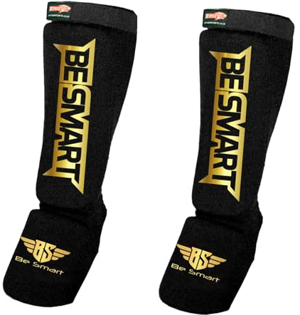 BeSmart Shin Instep Pads MMA Leg Foot Guards Muay Thai Kick Boxing Guard Protector (Black/Gold, Small)