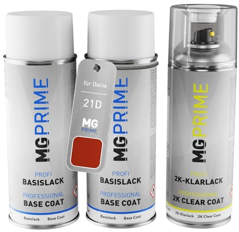 MG PRIME Autolack Set Spraydosen für Dacia 21D Rouge Passion/Feuerrot +2K | Set aus Grundlack + Basislack + 2K Klarlack, Sprühdosen 400ml