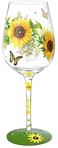 NymphFable Copa de vino pintada a mano, diseño de girasol, mariposa, artesanal, 425.2 g, regalo personalizado para mejor amigo