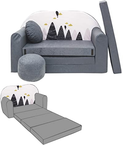 Mon Mobilier Design Nino Canapé Convertible lit pour Enfant avec Pouf et Coussin Oeko-TEX Montagnes Gris