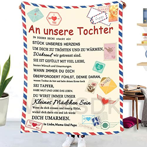 WJMSDK Personalisierte Decke Tochter Geschenke von Eltern, Kuscheldecke An Unsere Tochter von Mama und Papa, Geschenkidee Ideal Geburtstag oder zu Weihnachten, Abschlussgeschenk