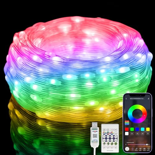 5M Guirlande Lumineuse Intelligent RGB Multicolore [APP & Télécommandes], Girlande de Lumière, Alimentée USB &Étanche IP65, Musique et Contrôle Vocal pour Intérieur, Extérieur, Chambre, Noël Mariage