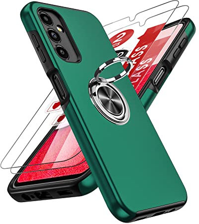 LeYi for Samsung Galaxy A14 4G-5G Case: with 2 Tempered Glass Screen Protector,Heavy Duty Protection Shockproof Cover with Built-in Ring Holder Lightweight Silicone Phone Case for Galaxy A14 Green