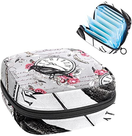 Aufbewahrungstasche für Damenbinden, Menstruationstassen-Tasche, Perioden-Tasche, Organizer für weibliche Pads, Tampons, schwarze Krähe, rosa Rosenfeder, Retro-Uhr