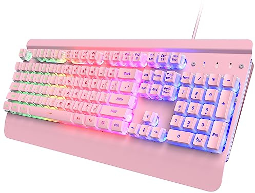 Dacoity Pink Creamy Keyboard, 104 Keys All-Metal Panel, Rainbow LED Backlit Silent Gaming Keyboard, Wrist Rest, PBT Keycap, Anti-ghosting Keys, Light Up USB Wired Computer Keyboard for PC