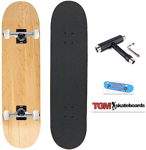 TGM Skateboard Complete - Premium 7-Ply Maple Construction - Natural 8.75 - Fully Assembled Skateboard with Skate T-Tool and Stickers