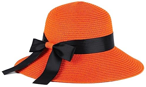 S.ROMZA Sun Strohhut für Frauen mit Windkordel Breiter Krempe Faltbare Strandhüte Damen UV 50 + Reiseschutz Sommerhut Visier Hut Bogen Knoten, Orange, One Size