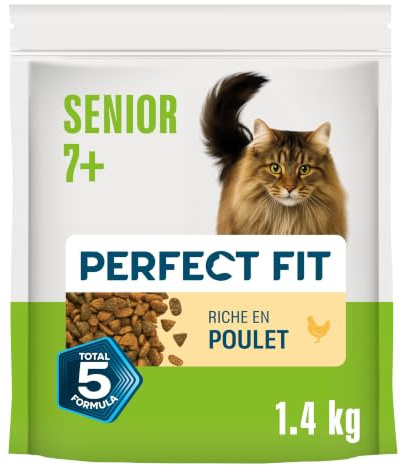 PERFECT FIT Senior 7+ Croquettes Gourmandes pour Chat Senior Stérilisé – Nourriture Riche en Poulet – 1,4 kg (Lot de 5)