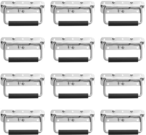 NAMYEUT Lot de 12 Poignées Pliantes à Ressort en acier inoxydable, Poignée Intégrée pour Boîte à Outils Boîte de Rangement de Quincaillerie, Argenté, 140 x 40 mm