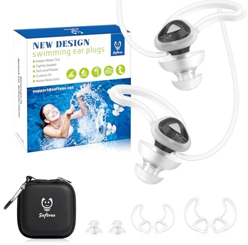Softvox Ear Plugs for Swimming Surfing with Lanyard, Block Out Water Let Sound in, Reusable Comfy Custom-fit Swim Waterproof earplugs Men Women for Swimmer Shower Pool Bath Kayaking Water Sports