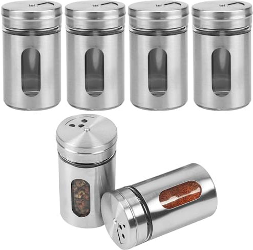 Vasetti per spezie, rotondi, 6 pezzi, piccoli barattoli per spezie, in vetro, 80 ml, contenitore per spezie con coperchio in acciaio inox, organizer per sale, pepe, spezie, conservazione, organizer da