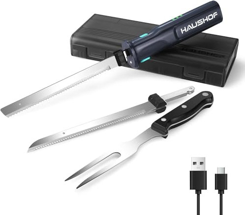 HAUSHOF Cordless Electric Carving Knife Set - 8V Rechargeable with 2 Stainless Steel Blades & Fork - Essential for Thanksgiving Turkey, Sunday Roast, Ham & Bread - Grey