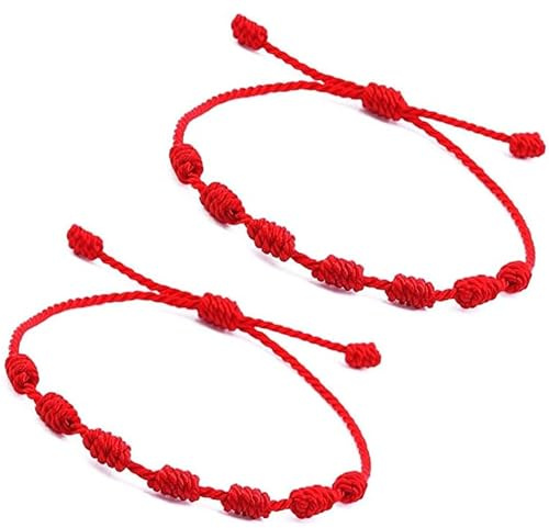 RAROUYI 2PCS Verstellbares Rotes Schnurarmband, 7-Knoten-Stil, Rotes Schnurarmband, Rote Knotenkette, Geflochtenes Armband, Pflege Für Schutz, Glück, Freundschaft, Liebhaber