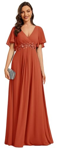 Ever-Pretty Elegantes Vestidos de Noche Vestidos de Novia Extra Largos Vestidos de Invitada de Mujer Cuello en V de Gasa de Cintura Alta Naranja 52