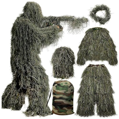 5-Teilige 3D Ghillie Suit Camouflage Jagdbekleidung Jagdbekleidung Herren Einschließlich Jacke,Hose,Kapuze,Tragetasche Airsoft Kleidung Set für Unisex Erwachsene/Jugendliche,ForestGreen-Kids
