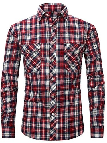 Camicia da uomo a maniche lunghe, per il tempo libero, da uomo, a quadretti, con bottoni, camicia da lavoro, resistente all'abrasione, elasticizzata, con tasca sul petto, colletto alto, elegante, l,