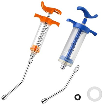 Lot de 2 seringues de chèvre réutilisables, 2 buses de pulvérisation réglables pour oiseaux, bétail, mouton, chèvre, cheval, cochon, chien (20 ml + 50 ml)