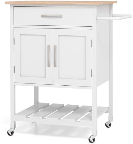 GiantexUK Kitchen Island Cart, Wooden Kitchen Storage Trolley with 2-Door Cabinet, Large Drawer, Bottom Tray & Towel Rack, Rolling Utility Cart on Wheels for Dining Living Room Restaurant (White) | Rolling Utility Cart on Wheels with 2-Door Cabinet, Large Drawer, Bottom Tray & Towel Rack for Dining Living Room Restaurant