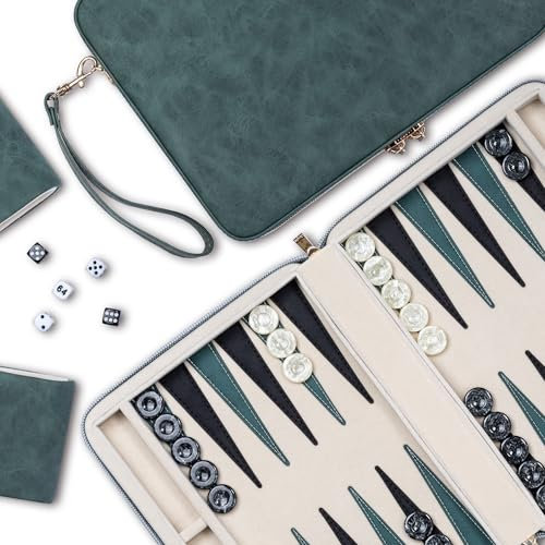 Backgammon-Sets für Erwachsene, klassisches Brettspiel mit faltbarem Kunstleder Backgammonetui, tragbares Reise-Backgammon-Set, inklusive 30 künstlichen Horn-Checkern (Green)
