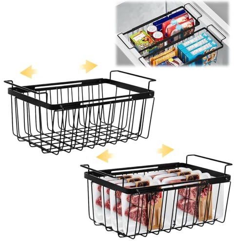 Yallmie 2 Stück Gefriertruhe Korb Verstellbar, Schwarz Gefriertruhe Körbe Organizer mit Hängeständer Gefrierkörbe für Gefriertruhe Ausziehbare Länge 39-59.5cm Einfacher Zugriff auf Tiefkühlkost