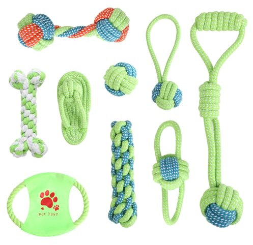 KITDAHOM 9er Hundespielzeug Set - Welpen Spielzeug - Baumwollmaterial - Fördert Zahnpflege, lindert Stress, verhindert Möbelbeschädigung - Für kleine Hunde, Hundespiel und Training (Grün)