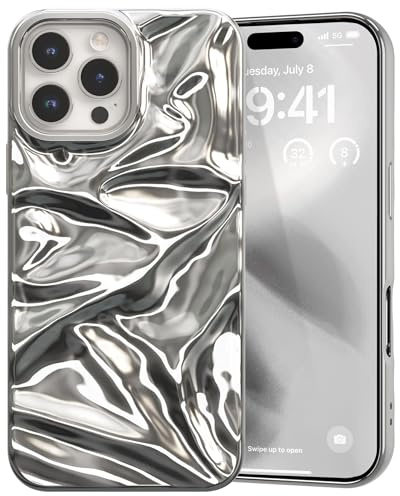 ZCDAYE Hülle für iPhone 16 Pro Handyhülle Wasser Ripple Textur, TPU Weiche Glänzende Einfarbige Frauen Handytasche Stabil Schutzhülle für iPhone 16 Pro (6.3 inch), Silber