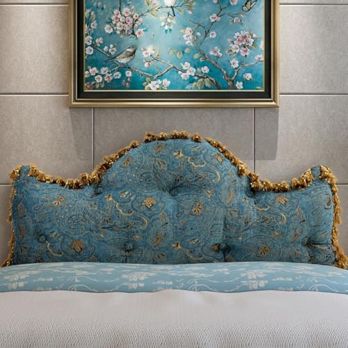 Vintage Polster Kopfteil Bett 140 Rückenkissen Bestickt, Blumen Wandpaneele Gepolster Lesekissen für Bett und Sofa, Wandkissen Cozy Lesekissen (Blau)