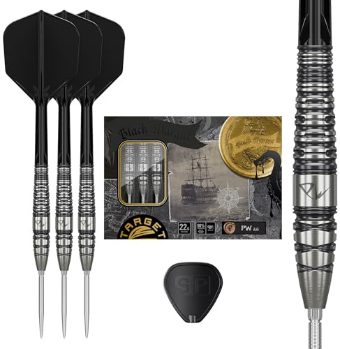 Target Japan Black Marque PW 2.0 Swiss Point Steel Tip Darts with Kflex, 22G/24G | 90% Tungsten Dart Set, K-Flex Flights and Shafts, Swiss Nano Points with Tool, Player Tan Phuay Wei