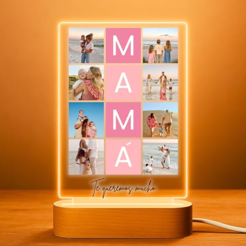 Cristal Plaque Lámpara Personalizada Mamá con 8 Fotos y Mensaje Te Queremos – Placa Metacrilato con Luz LED y Base Madera USB – Regalo para Mamá Cumpleaños y Día de la Madre