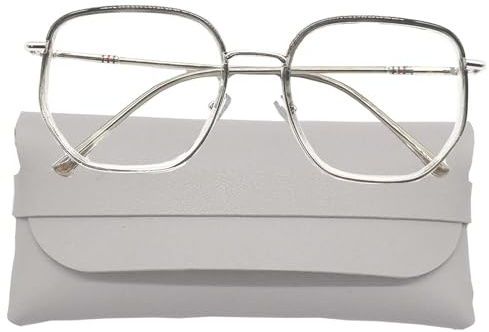TREABEAR 2PCS Blaulichtfilterbrille, Brille Ohne Stärke Damen Fake brille, Ultraleichter Großer Rahmen Blaulicht Filter Brille Unisex, Mode Anti Blaulicht brille Silbergrau mit Grauem brillenbeutel