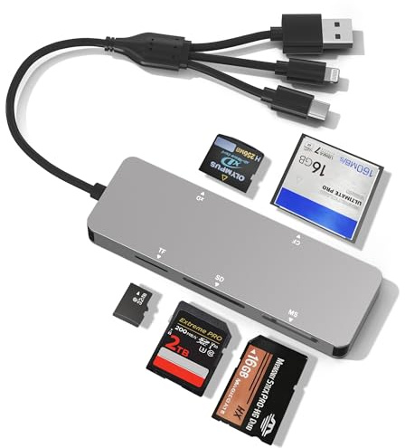 Memory Stick Pro Duo Reader for Lexar/Sony/Fuji - 5in3 Aluminum OTG Adapter for Memory Stick Pro Duo/XD/Compact Flash/SD/Micro SD Cards, Lightning USB C USB A Multi Card Reader for Camera/GoPro/Drone